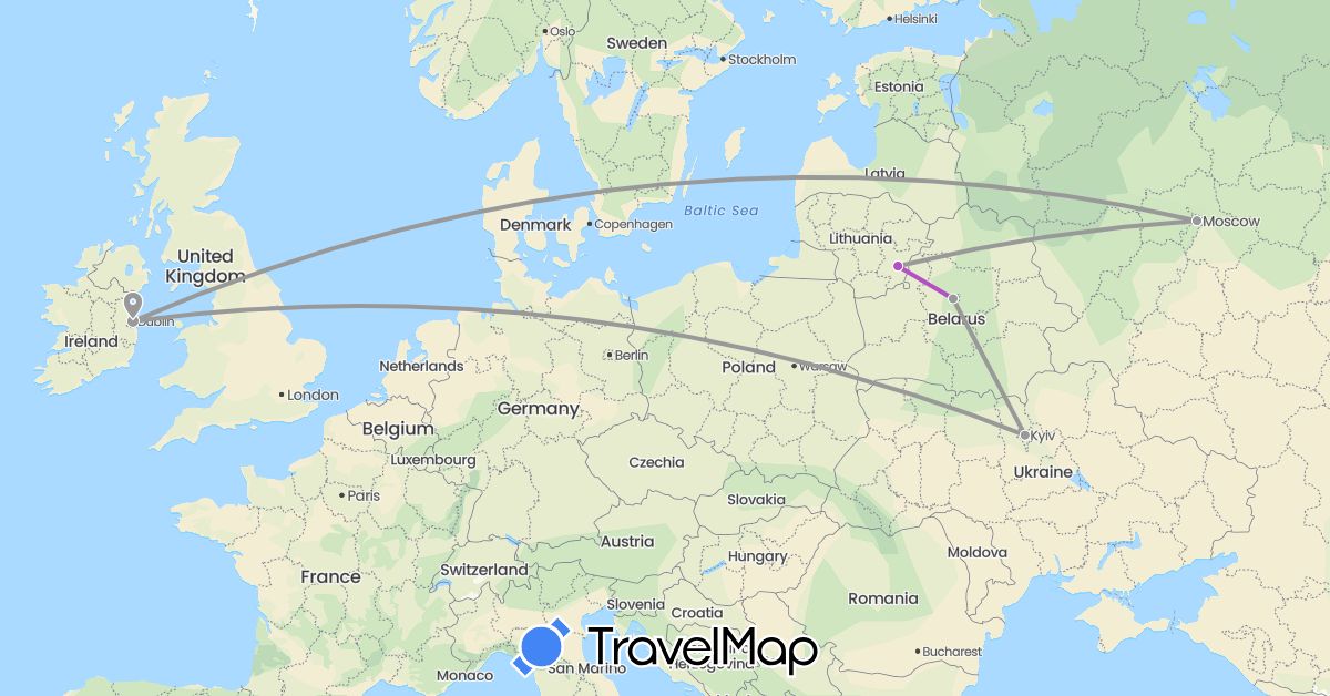 TravelMap itinerary: driving, plane, train in Belarus, Ireland, Lithuania, Russia, Ukraine (Europe)